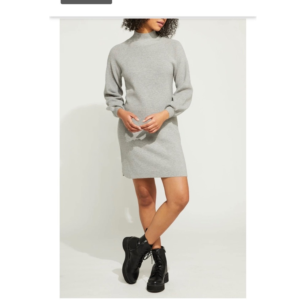 Gentle Fawn Sweater Dress Womens XS Grey Mock Neck Balloon Sleeve Waffle Knit